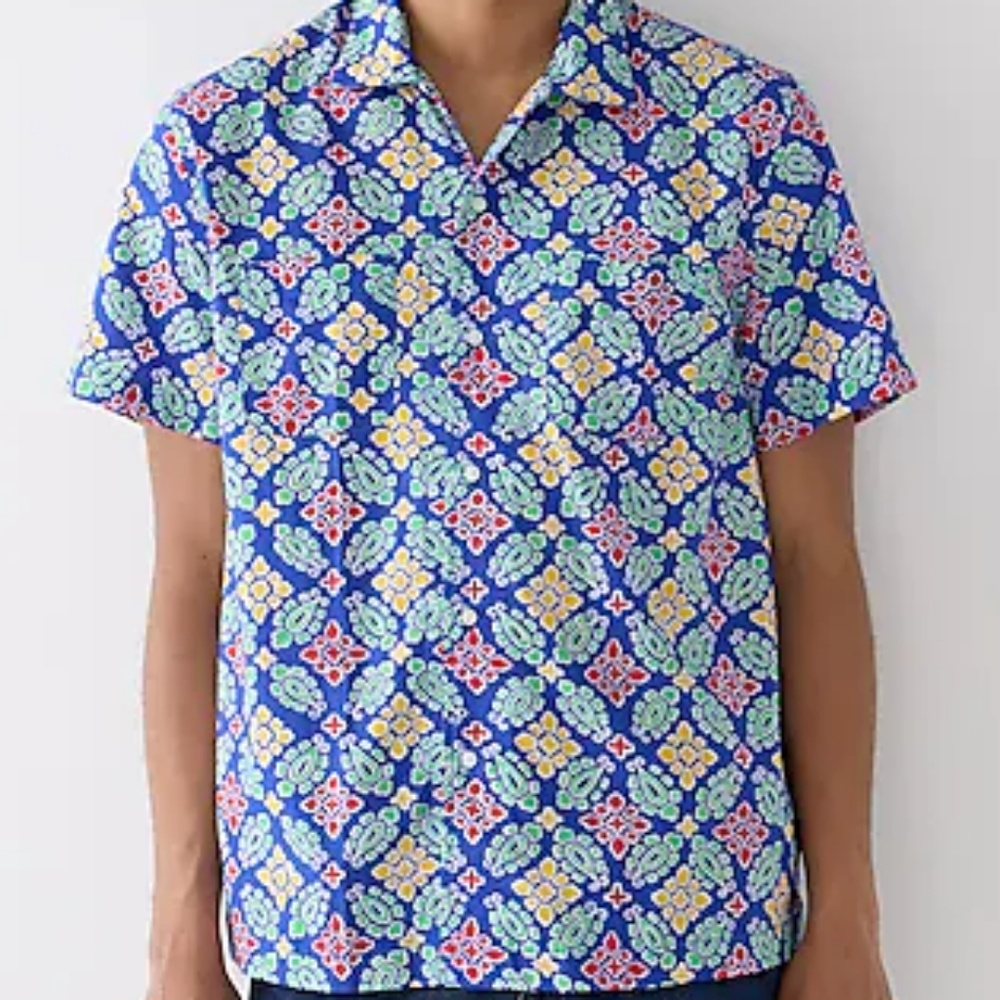 J. Crew Men's Printed Slub Cotton Camp Collar Shirt